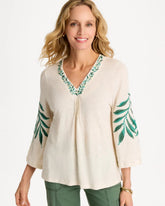 Chico's Online Natural Cream Linen Palm Embroidered Pleated Tee