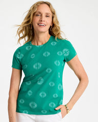 Chico's For Sale Topanga Green Printed Cotton Stretch Cap-Sleeve Tee