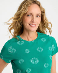 Chico's For Sale Topanga Green Printed Cotton Stretch Cap-Sleeve Tee