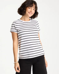 Chico's Online Black Striped Cotton Stretch Cap-Sleeve Tee