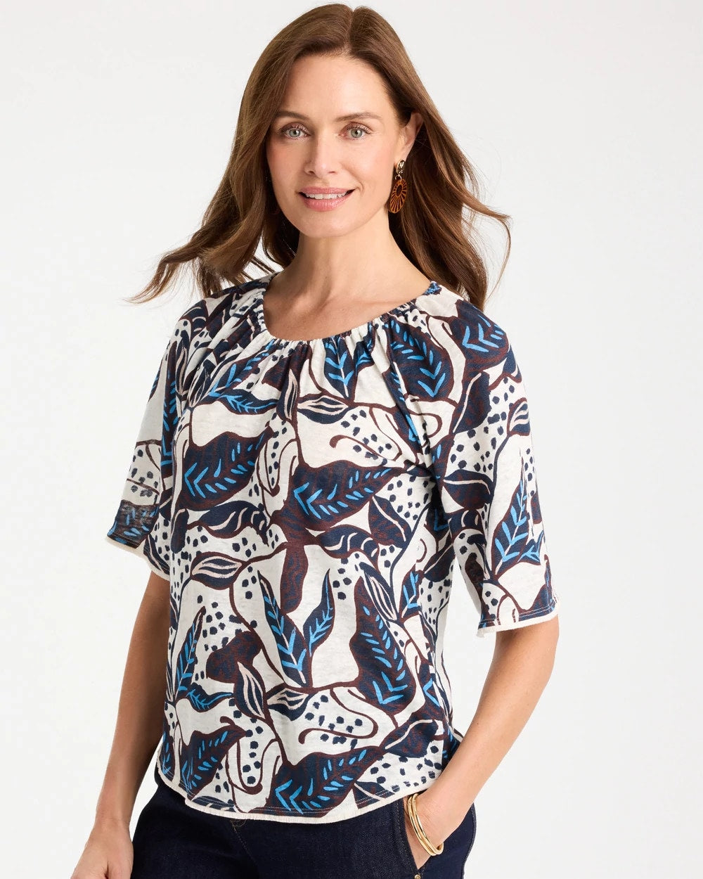 Chico's On Sale Passport Blue Printed Linen Fringed Tee