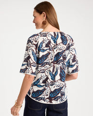 Chico's On Sale Passport Blue Printed Linen Fringed Tee