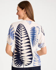 Chico's Sale Passport Blue Leaf Print Linen Ruched V-Neck Tee