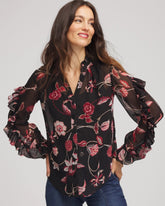 Chico's Sale Black Georgette Celtic Blooms Blouse