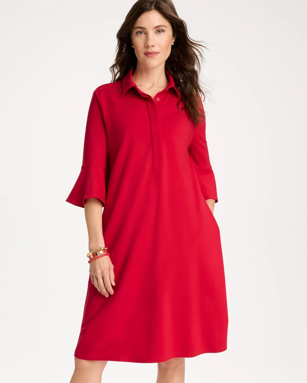 Chico's Sale Cherry Lush Ponte Knit Flounce Sleeve Dress
