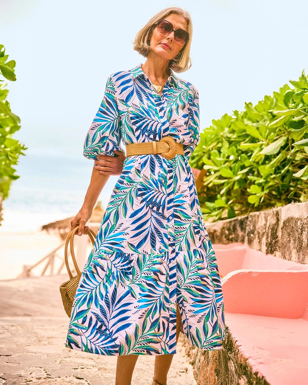 Chico's On Sale Passport Blue Palm Cotton-Rayon Slub Shirtdress