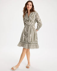 Chico's For Sale Kelp Forest Printed Cotton-Linen Belted Dress