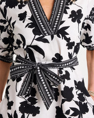 Chico's Online Black Floral Cotton-Linen Belted Dress