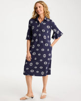 Chico's Outlet Passport Blue Printed Ponte Flounce Sleeve Dress