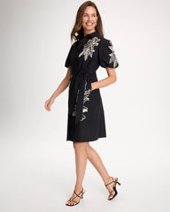 Chico's Online Black Embroidered Poplin Cotton Belted Dress