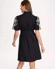 Chico's Online Black Embroidered Poplin Cotton Belted Dress