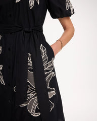 Chico's Online Black Embroidered Poplin Cotton Belted Dress