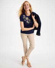 Chico's For Sale Passport Blue Cotton Stretch Cap Sleeve Embroidered Tee