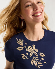 Chico's For Sale Passport Blue Cotton Stretch Cap Sleeve Embroidered Tee