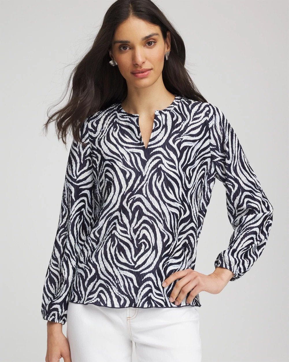 Chico's On Sale Passport Blue Zebra Waves Crinkle Top
