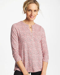 Chico's Discount Folkloric Red Cotton-Slub Splitneck Henley Tee