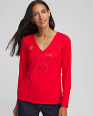 Chico's Outlet Love Letter Red Embellished Heart V-Neck Tee