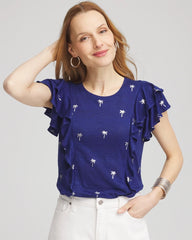Chico's Discount Blue Casa Foiled Flutter-Sleeve Linen Tee