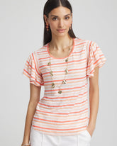 Chico's Sale Melon Mambo Striped Linen Smocked Flutter-Sleeved Tee