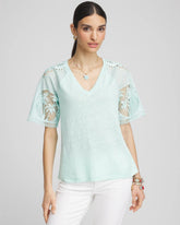 Chico's Sale Teal Waters Linen Crochet Lace Short Sleeve Tee