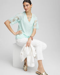 Chico's Sale Teal Waters Linen Crochet Lace Short Sleeve Tee