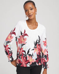 Chico's Sale Alabaster Floral-Motif Smocked Cotton-Slub Tee