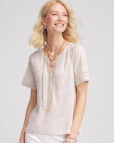 Chico's On Sale River Rock Linen Lace-Cutwork Sleeve Henley Tee