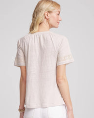 Chico's On Sale River Rock Linen Lace-Cutwork Sleeve Henley Tee