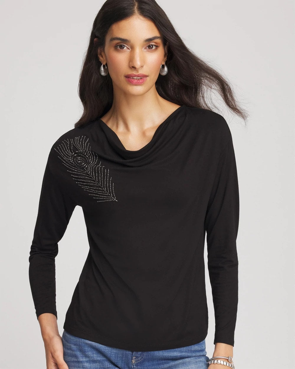 Chico's Discount Black Embellished Cowlneck Dolman Tee