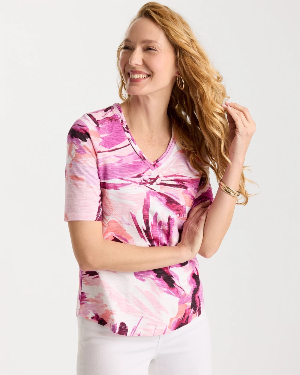 Chico's For Sale Ecru Printed Double V-Neck Slub Rib Tee