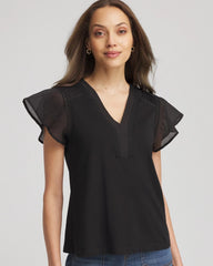 Chico's Discount Black Pleated-Trim Flutter-Sleeve Tee