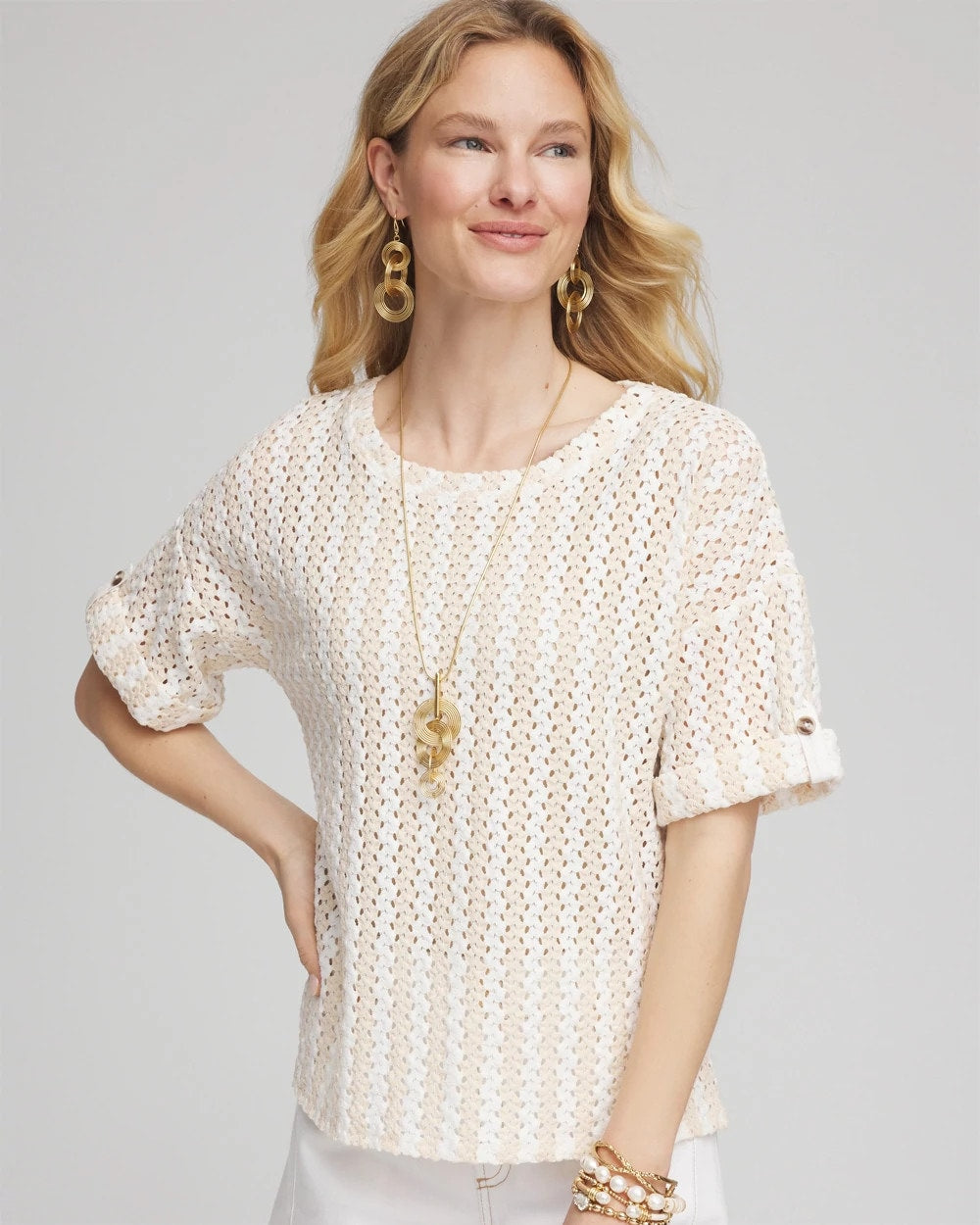 Chico's Online Glistening Sand Textured Roll Cuff Tee