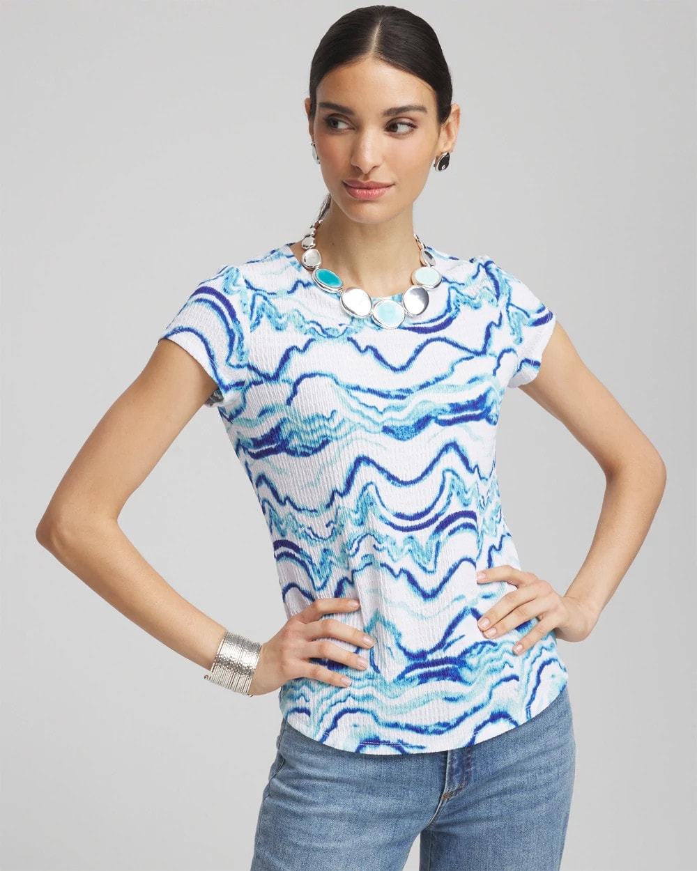 Chico's Discount Alabaster Ocean Waves Cap Sleeve Dolman Tee