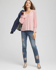 Chico's Outlet Blushed Crinkle Bodre Voop Neck Top