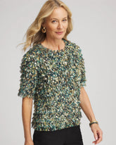 Chico's Discount Darkest Spruce Foiled Mesh Ruffle Crop Tee