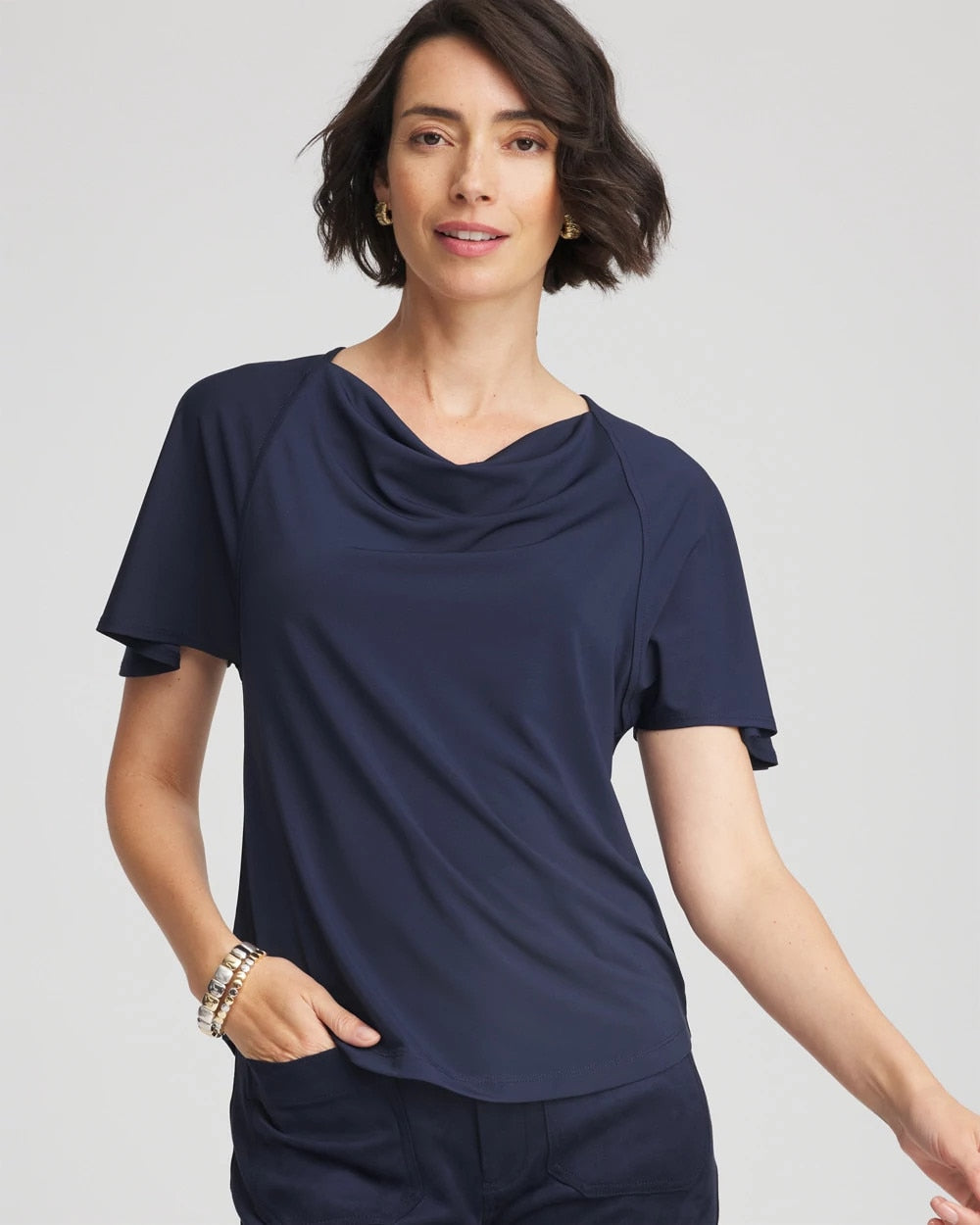 Chico's Sale Passport Blue Jersey Knit Cowlneck Tee