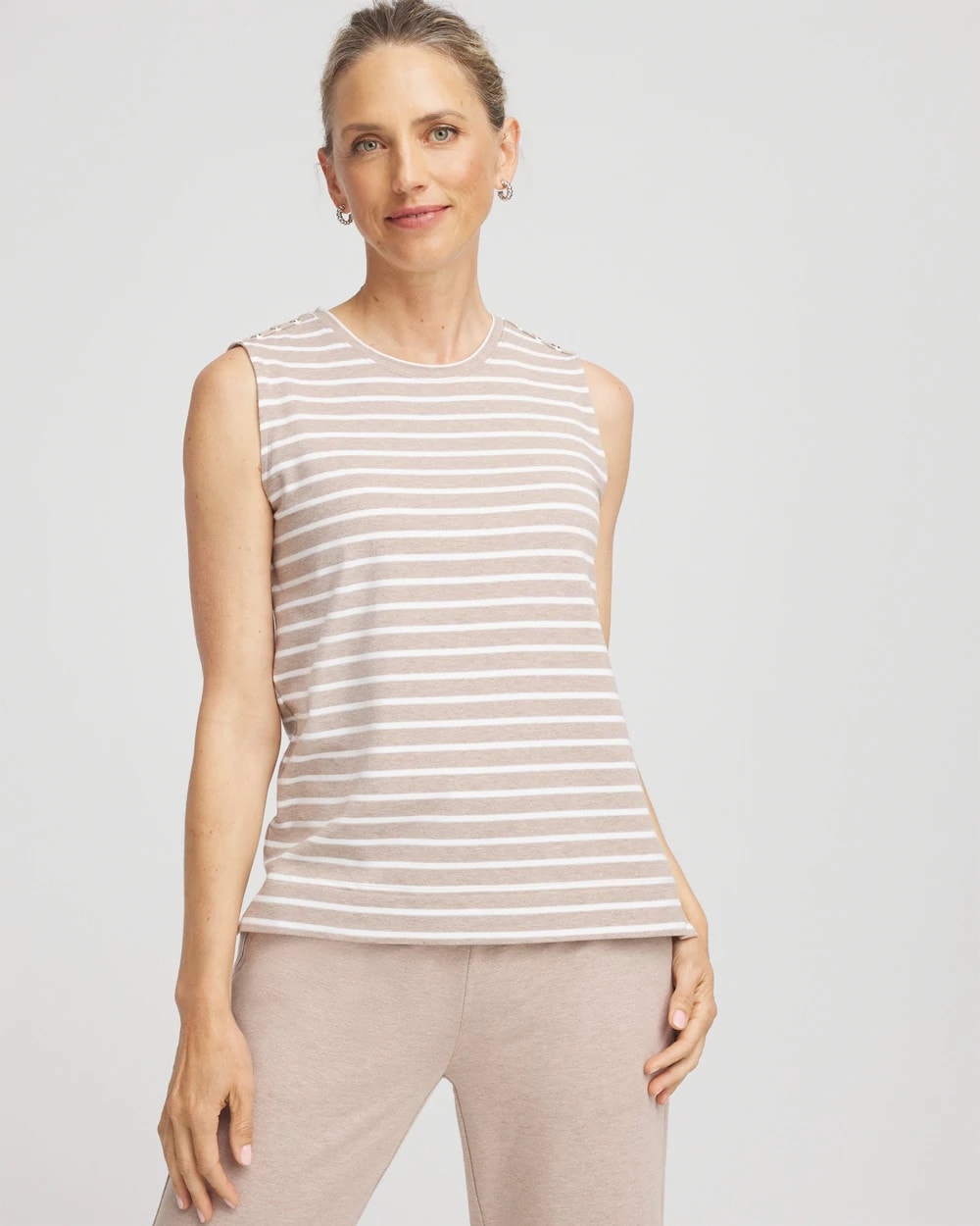 Chico's Outlet Light Taupe Heather Zenergy® UPF Sleeveless Metallic-Striped Tank