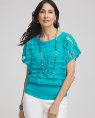 Chico's Sale Seaspray Embroidered Striped Banded Bottom Top