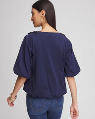 Chico's For Sale Passport Blue Bubble Hem Pleated Cotton Top