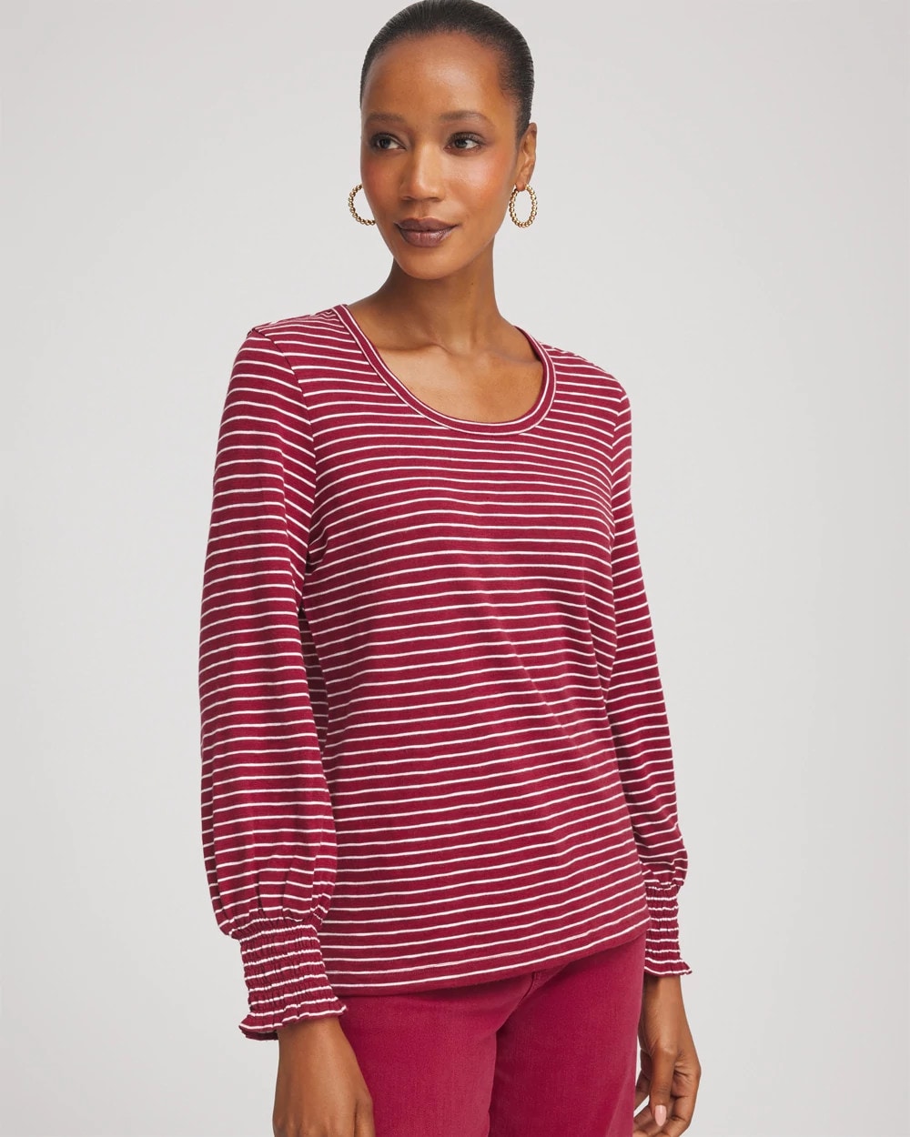 Chico's On Sale Russet Red Smocked-Sleeve Cotton-Slub Tee