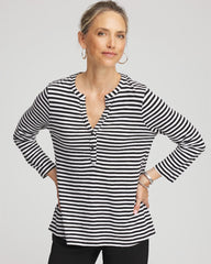 Chico's Discount Black Striped Slub Splitneck Henley Tee