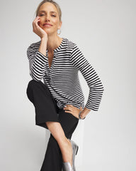 Chico's Discount Black Striped Slub Splitneck Henley Tee