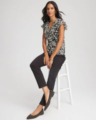 Chico's Sale Black Lace Floral-Burnout Henley Tee