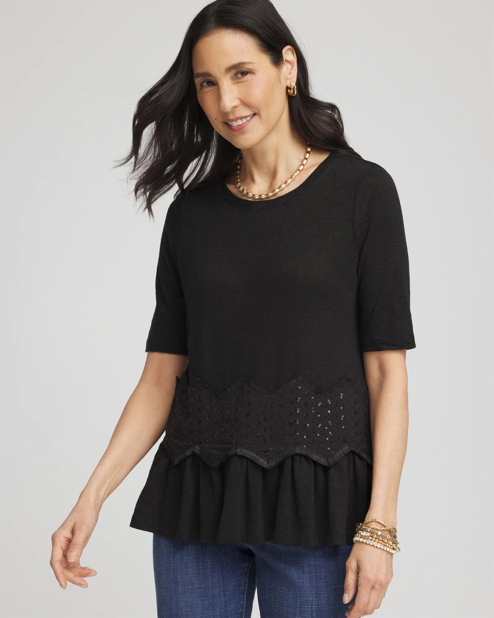 Chico's Discount Black Chevron Sequin Peplum Linen Tee