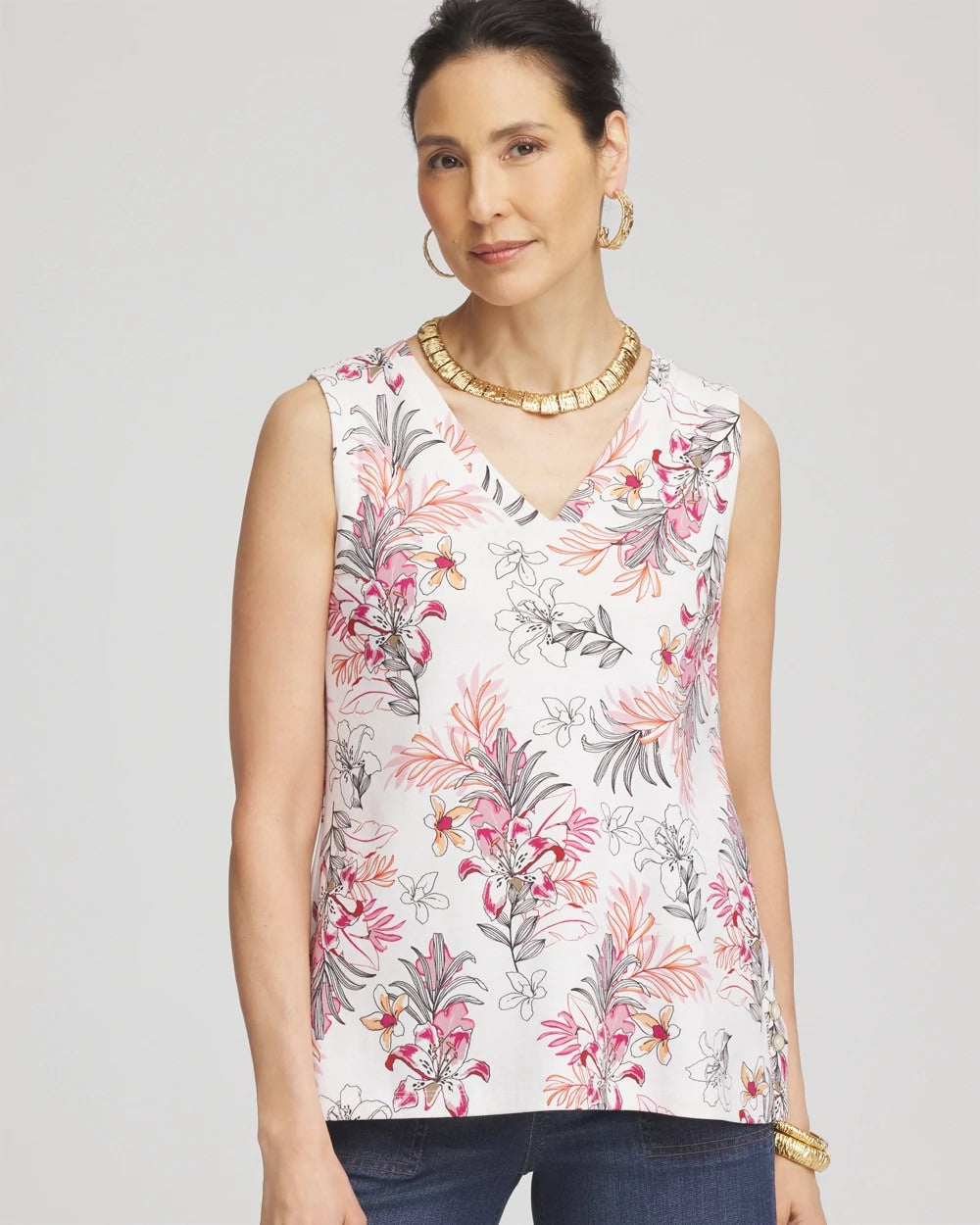 Chico's Discount Alabaster Floral Sleeveless V-Neck Tank