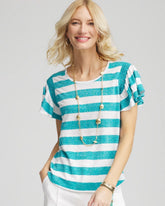 Chico's Discount Seaspray Linen Metallic Striped Flutter-Sleeve Tee