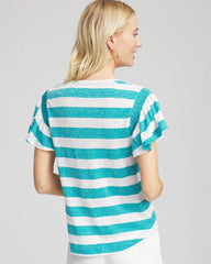 Chico's Discount Seaspray Linen Metallic Striped Flutter-Sleeve Tee
