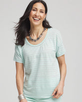 Chico's Outlet Teal Waters Striped Sweater-Trim Linen Tee