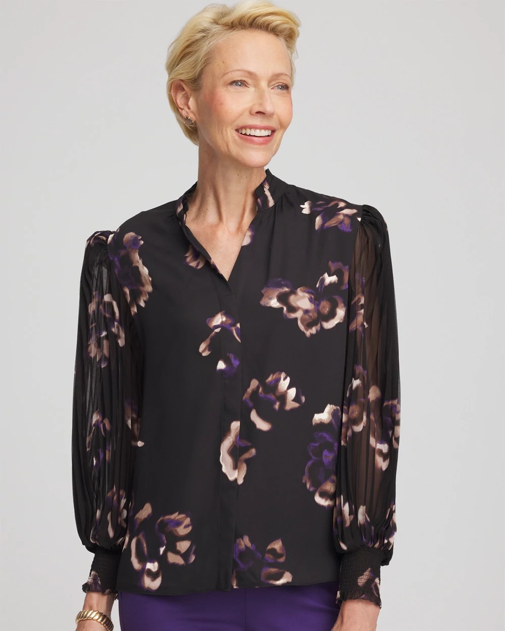 Chico's Discount Black Fjord Flora Opaque Crepe Blouse