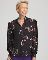 Chico's Discount Black Fjord Flora Opaque Crepe Blouse